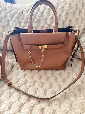 Michael Kors Brown Leather Shoulder Satchel with Gold Chain Accent